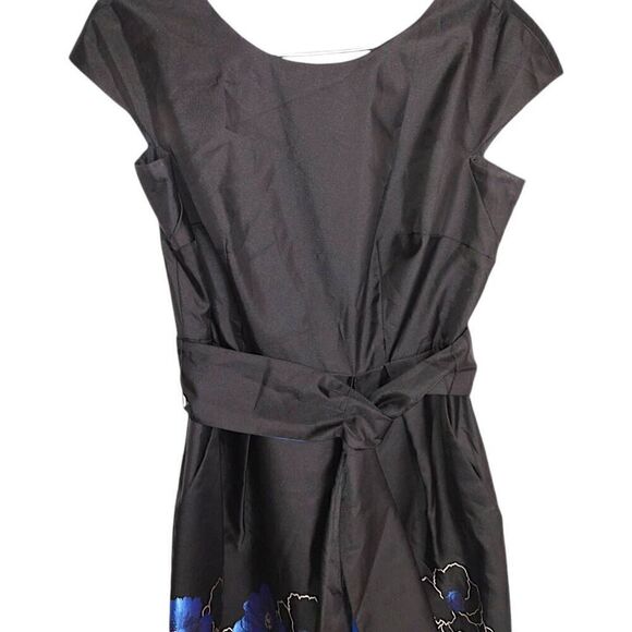 ALEX Womens Dress Sz 6 Evenings Black Blue Floral Sheath Cap Sleeves Taffeta - Picture 6 of 14